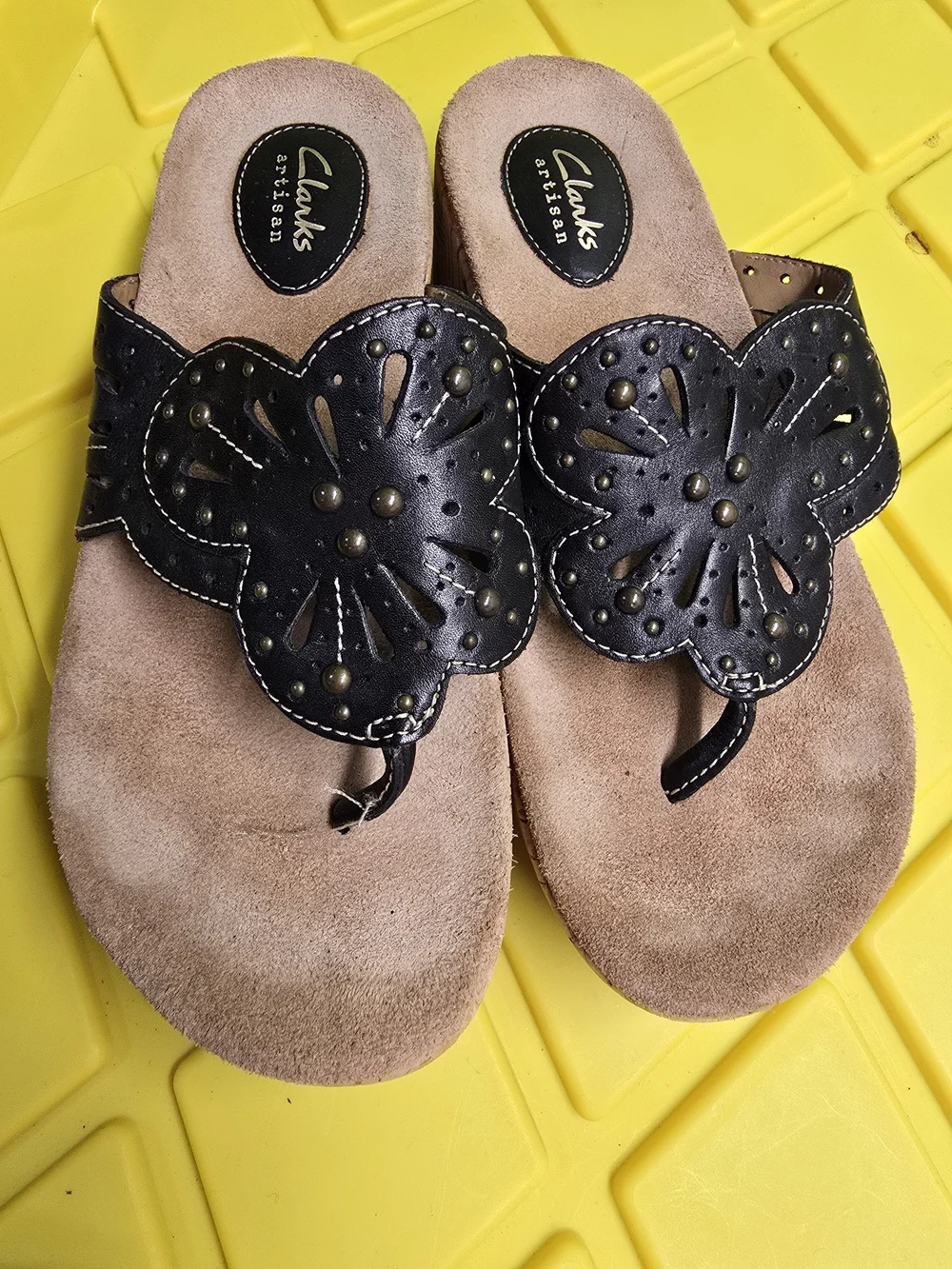 Clarks Women’s Black Leather Cutout Wedge Sandals